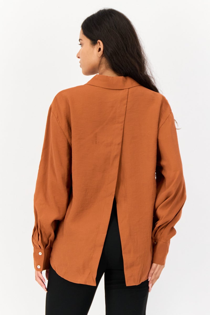 KOTON Women Pointed Collar Long Sleeve Split Back Solid Shirt, Rust - Image 3