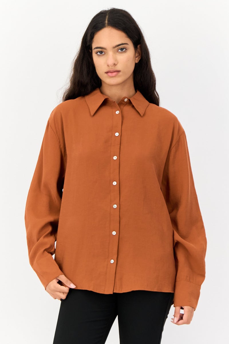 KOTON Women Pointed Collar Long Sleeve Split Back Solid Shirt, Rust - Image 1