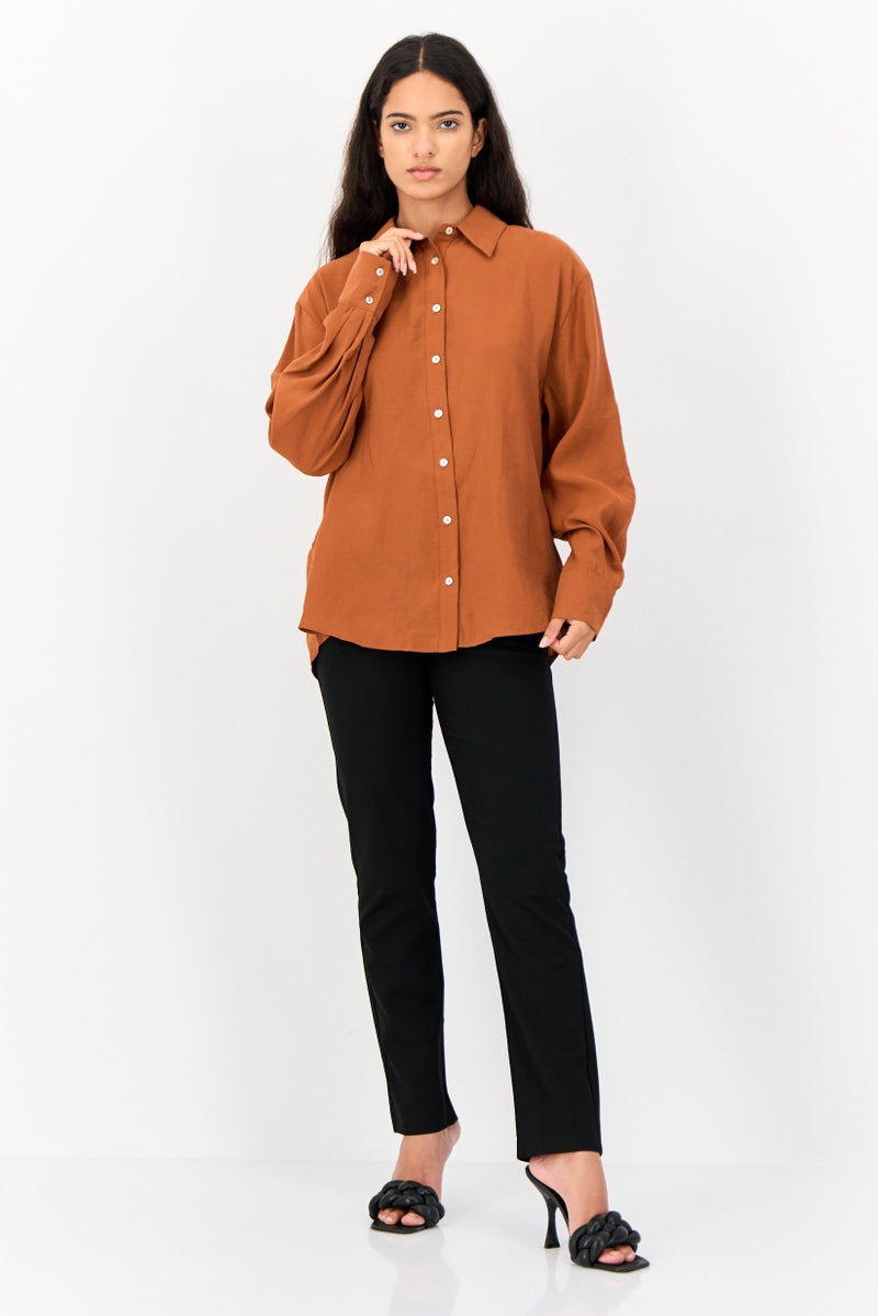 KOTON Women Pointed Collar Long Sleeve Split Back Solid Shirt, Rust - Image 4