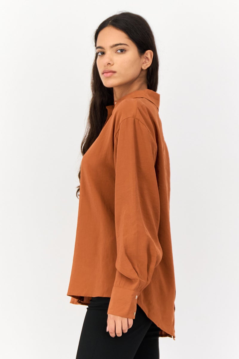 KOTON Women Pointed Collar Long Sleeve Split Back Solid Shirt, Rust - Image 2