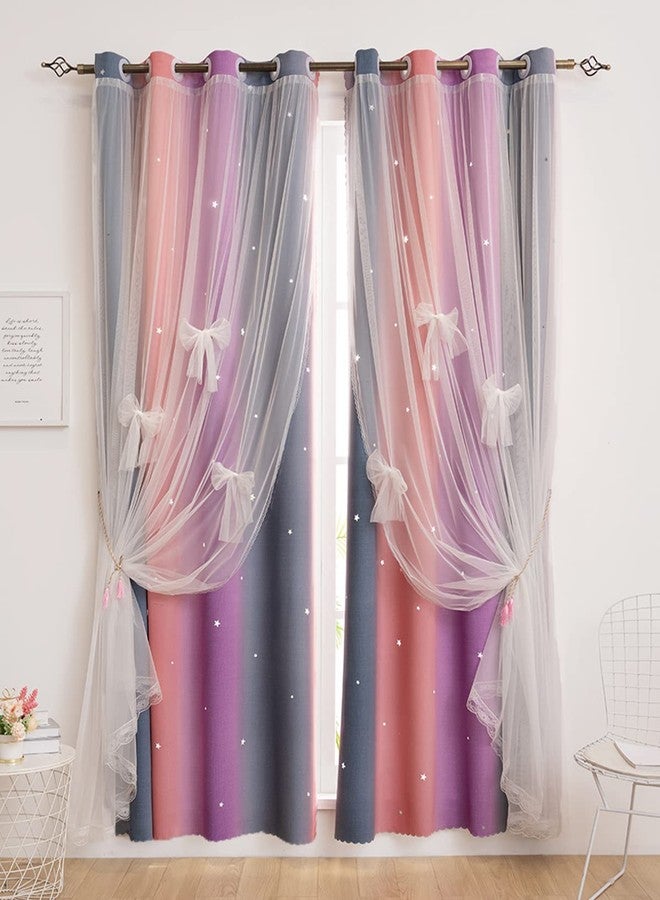 Yancorp Curtains for Girls Bedroom Kids Room Curtain Colorful Window Nursery Curtain 63 inches Length Room Darkening Grommet 2 Layers (Purple Pink Grey, W52 X L63) - Image 1