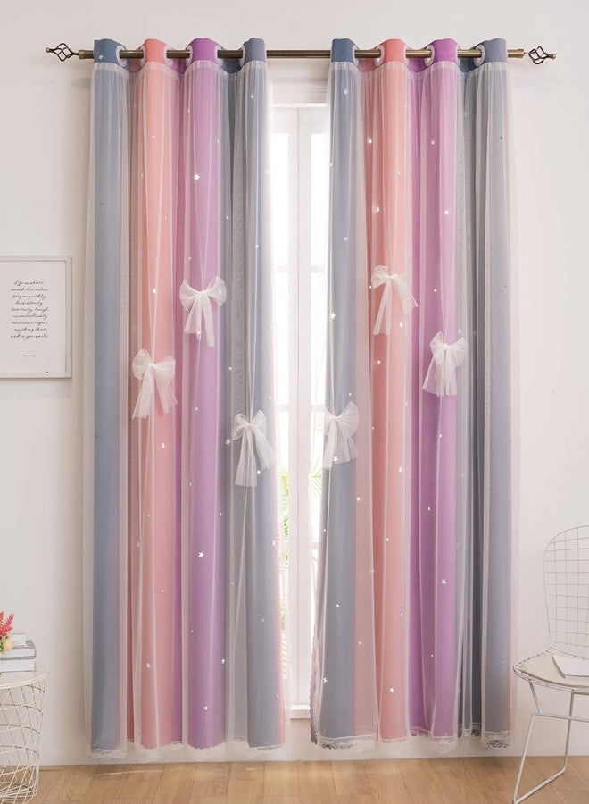 Yancorp Curtains for Girls Bedroom Kids Room Curtain Colorful Window Nursery Curtain 63 inches Length Room Darkening Grommet 2 Layers (Purple Pink Grey, W52 X L63) - Image 2