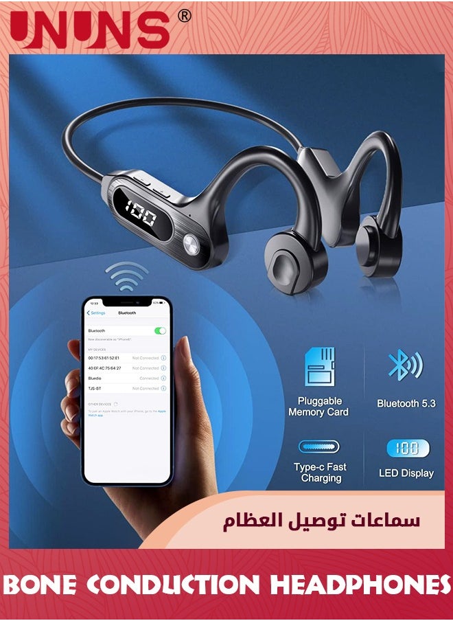 UNUNS Bone Conduction Headphones With LED Display,Bluetooth 5.3 Sports Wireless Earphones For iOS Android,Waterproof Open Ear Headset Built-in Mic HiFi Stereo For Running Cycling Driving,Black  - Image 2