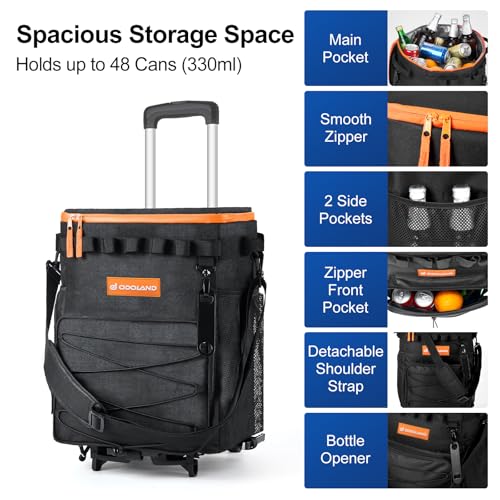 Odoland 48 Can Rolling Cooler Bag with Wheels Handle Collapsible Insulated Ice Chest for Beach Camping Tailgating Portable Travel Soft Cooler on Wheels Collapses for Easy Storage - Image 3