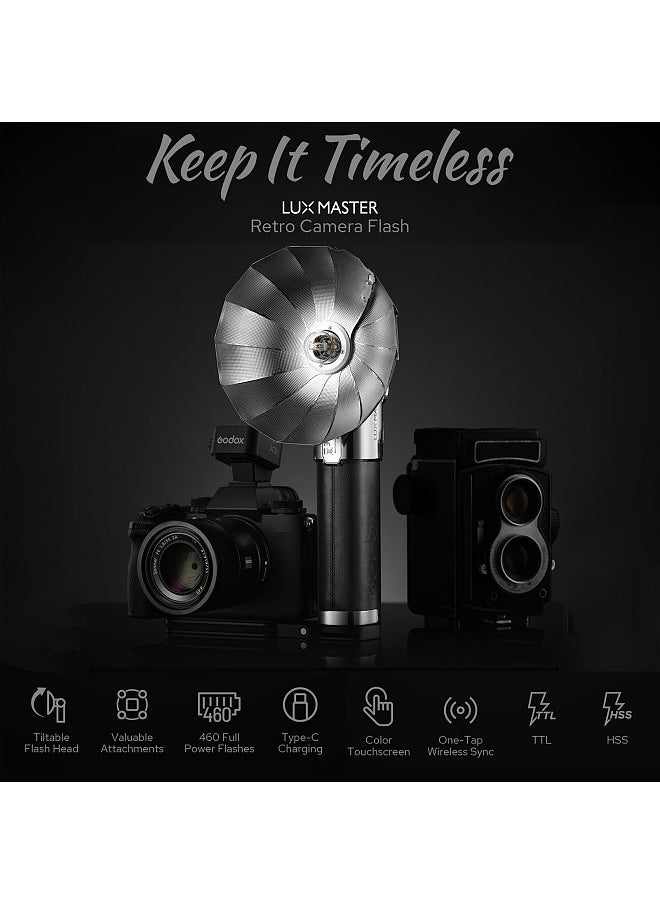 Godox - Lux Master Retro Camera Flash GN25 Color Touch Panel 2.4G Wireless Sync TTL Auto Flash HSS Tiltable Flash Head 460 Full Power Flashes Built-in Type-C Charging Battery Replacement - Image 1