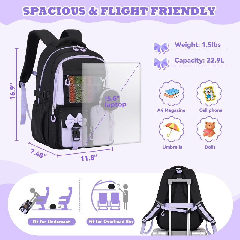 ASKSKY Backpack for School, Kids Backpacks for Girls, Girls Cute Bookbag for Teens, Schoolbag for Elementary Middle School Students, Girl Backpacks Ages 6-8, With Coin Purse, Travel, Camp,Black Purple - Image 2