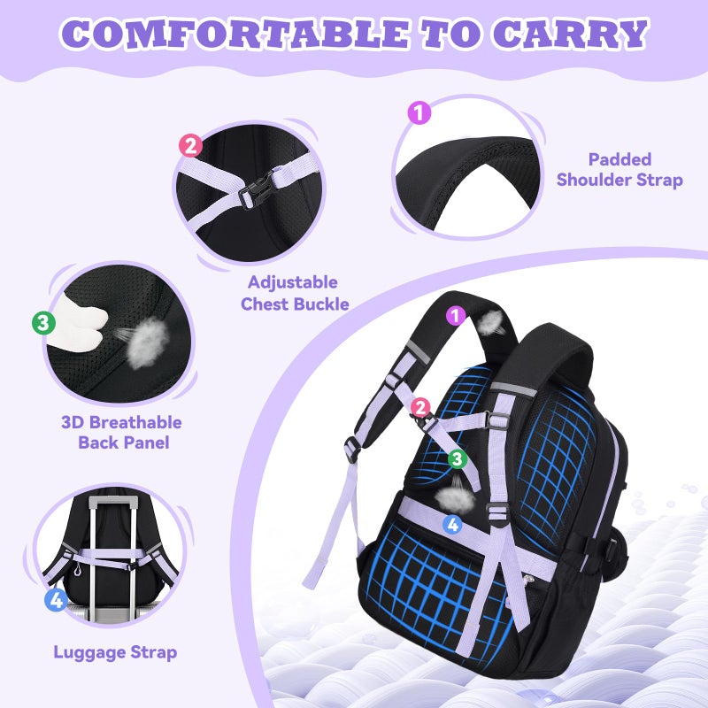 ASKSKY Backpack for School, Kids Backpacks for Girls, Girls Cute Bookbag for Teens, Schoolbag for Elementary Middle School Students, Girl Backpacks Ages 6-8, With Coin Purse, Travel, Camp,Black Purple - Image 4