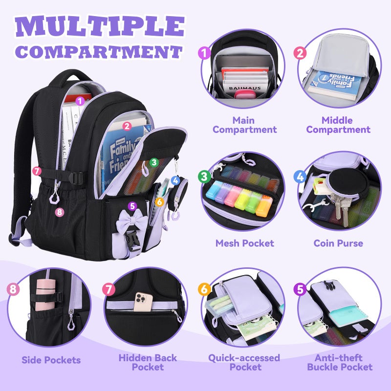 ASKSKY Backpack for School, Kids Backpacks for Girls, Girls Cute Bookbag for Teens, Schoolbag for Elementary Middle School Students, Girl Backpacks Ages 6-8, With Coin Purse, Travel, Camp,Black Purple - Image 3