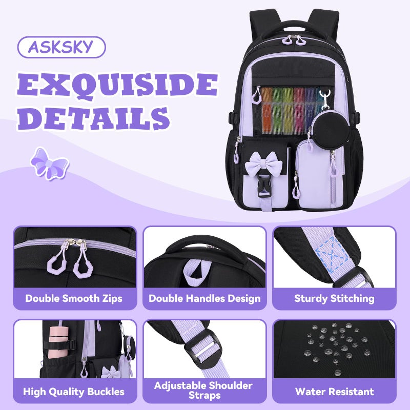 ASKSKY Backpack for School, Kids Backpacks for Girls, Girls Cute Bookbag for Teens, Schoolbag for Elementary Middle School Students, Girl Backpacks Ages 6-8, With Coin Purse, Travel, Camp,Black Purple - Image 5