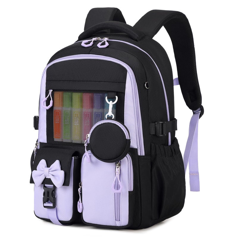 ASKSKY Backpack for School, Kids Backpacks for Girls, Girls Cute Bookbag for Teens, Schoolbag for Elementary Middle School Students, Girl Backpacks Ages 6-8, With Coin Purse, Travel, Camp,Black Purple - Image 1