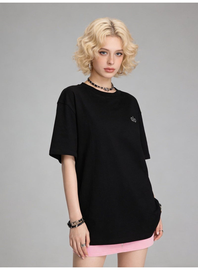 ألو يوغا Alo Yoga unisex black oversized short sleeved T-shirt - Soft cotton round neck T-shirt with minimalist logo, suitable for casual and home wear, cotton up to 300 grams - Image 1