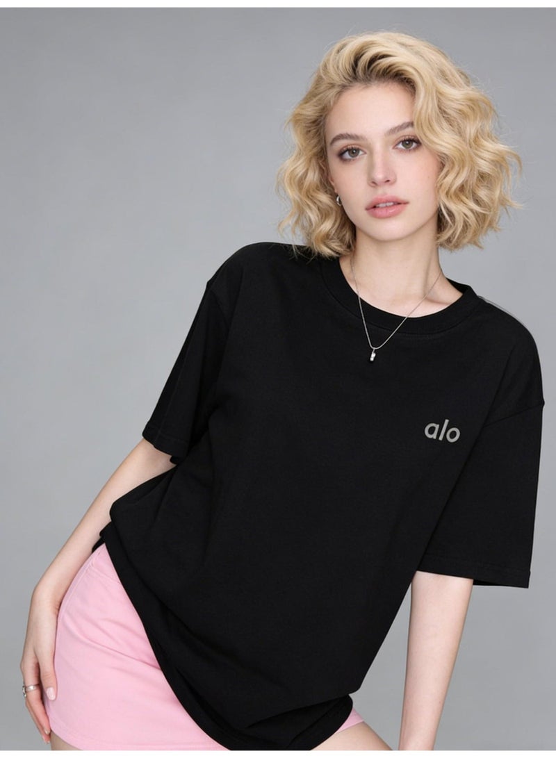 ألو يوغا Alo Yoga unisex black oversized short sleeved T-shirt - Soft cotton round neck T-shirt with minimalist logo, suitable for casual and home wear, cotton up to 300 grams - Image 5