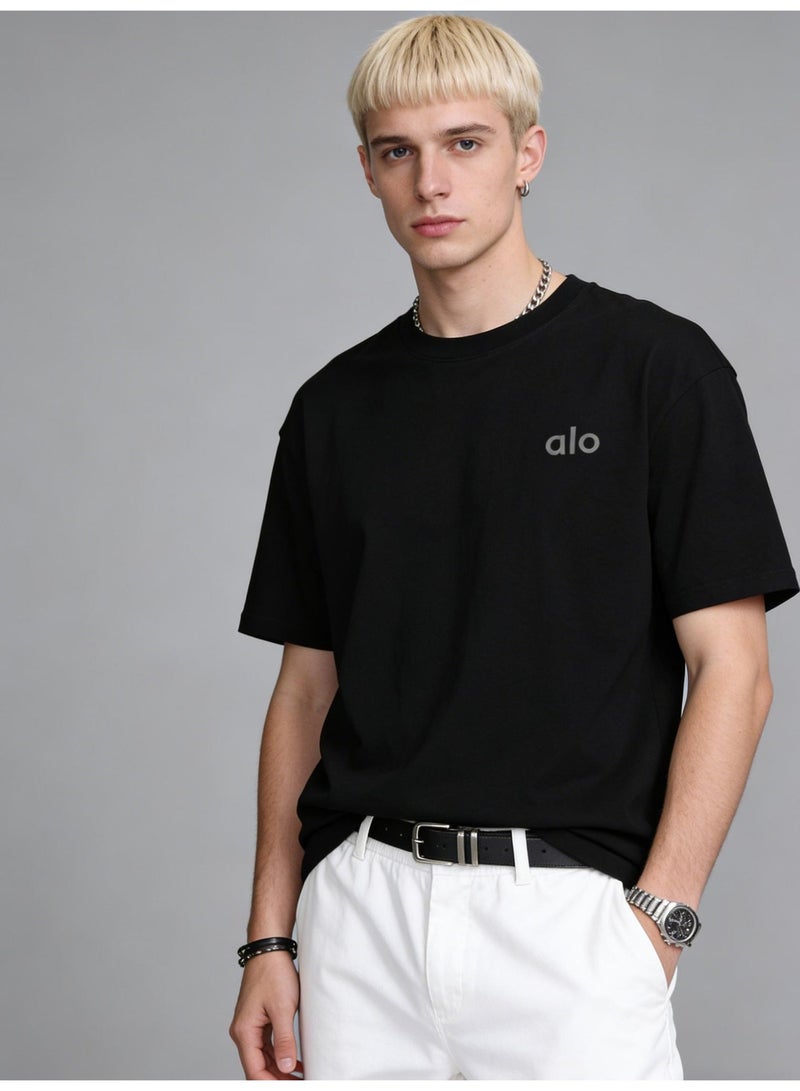 ألو يوغا Alo Yoga unisex black oversized short sleeved T-shirt - Soft cotton round neck T-shirt with minimalist logo, suitable for casual and home wear, cotton up to 300 grams - Image 2