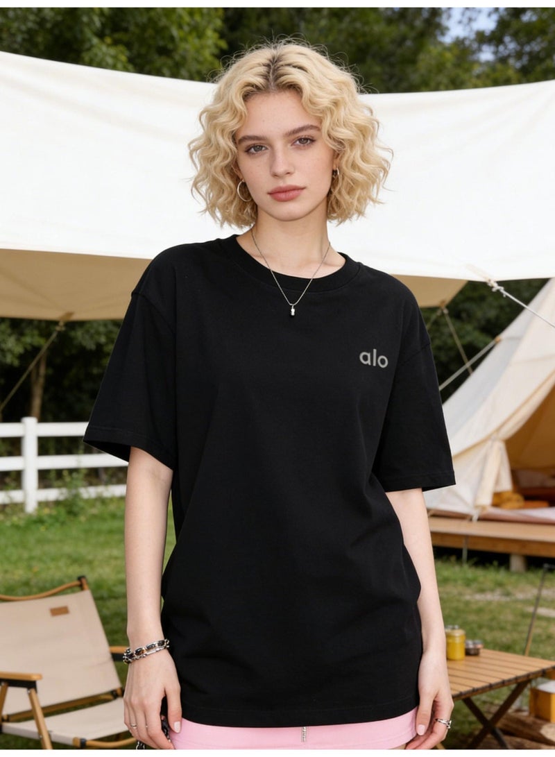 ألو يوغا Alo Yoga unisex black oversized short sleeved T-shirt - Soft cotton round neck T-shirt with minimalist logo, suitable for casual and home wear, cotton up to 300 grams - Image 4