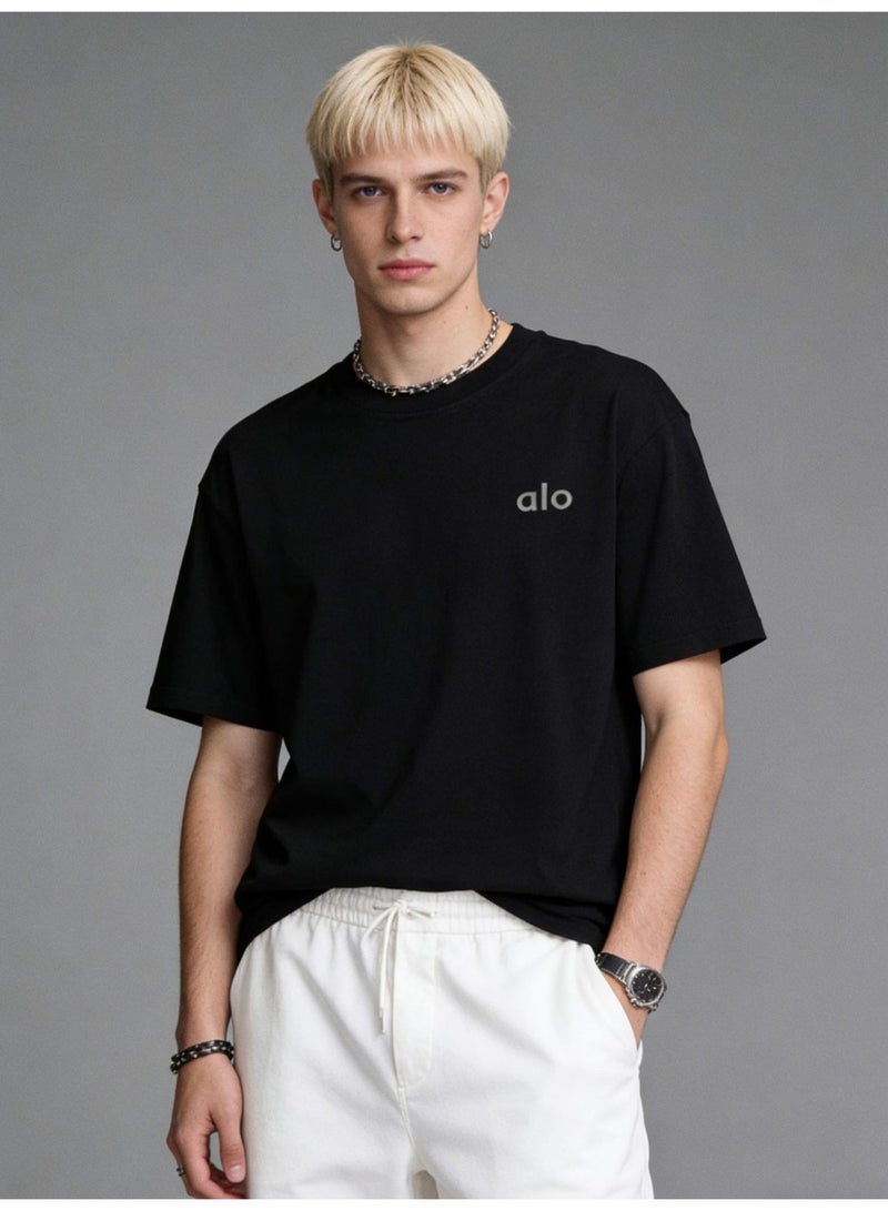 ألو يوغا Alo Yoga unisex black oversized short sleeved T-shirt - Soft cotton round neck T-shirt with minimalist logo, suitable for casual and home wear, cotton up to 300 grams - Image 3