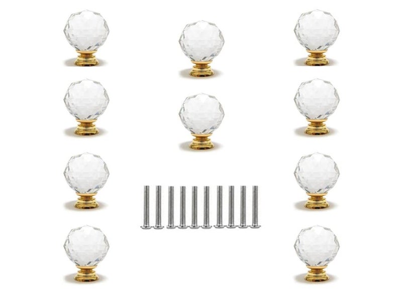 JP Hardware Clear Glass Crystal Shape Cabinet knobs Pack of 10 Polished Finish Round Chrome 30mm Round Gold 30mm