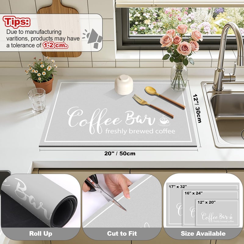 Findosom Dish Drying Mat, 12"x 20" Super Absorbent & Hide Stain Coffee Mat, Cuttable Drying Mat for Kitchen Counter, Coffee Bar Accessories, Under Dish Rack, Coffee Maker, Espresso Machine, LightGrey - Image 2
