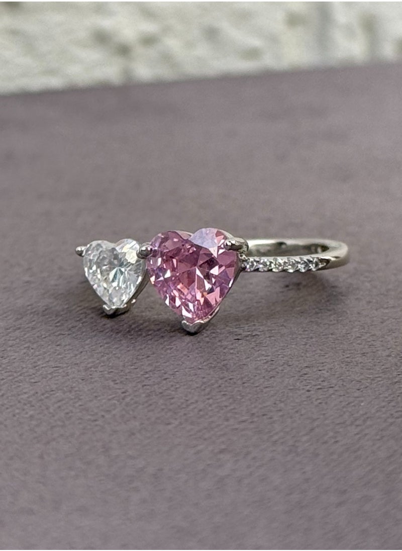 Al Kasr Jewelry - Heart Duo Ring - Adjustable - Sterling Silver 925 with Pink and White Zircon Stones - Plated Rhodium White Gold 18K - Image 1
