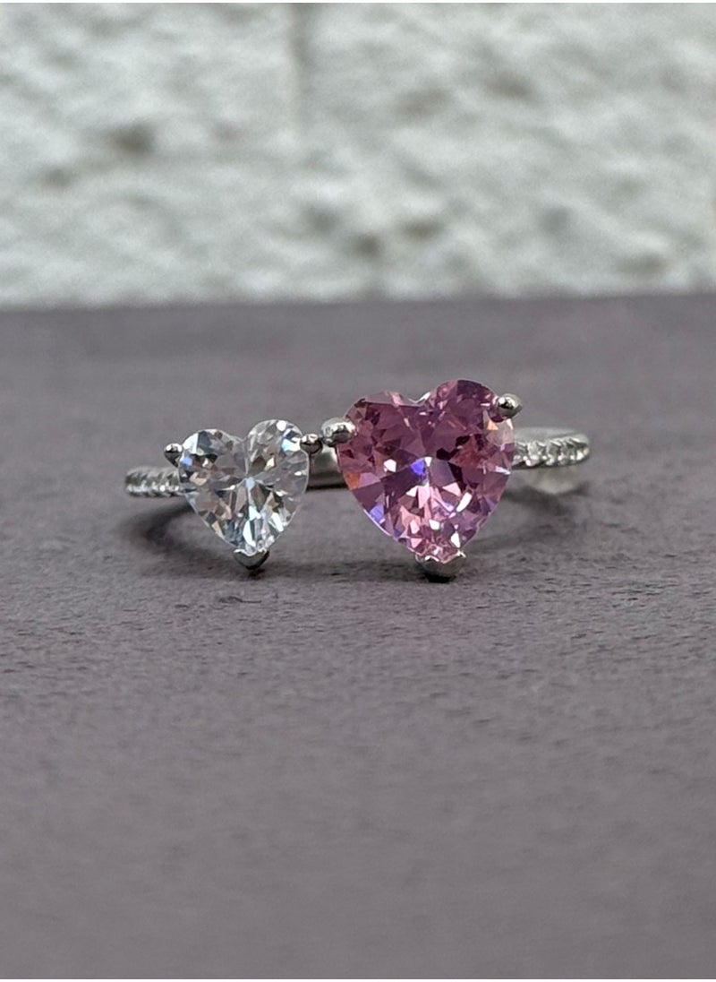 Al Kasr Jewelry - Heart Duo Ring - Adjustable - Sterling Silver 925 with Pink and White Zircon Stones - Plated Rhodium White Gold 18K - Image 1