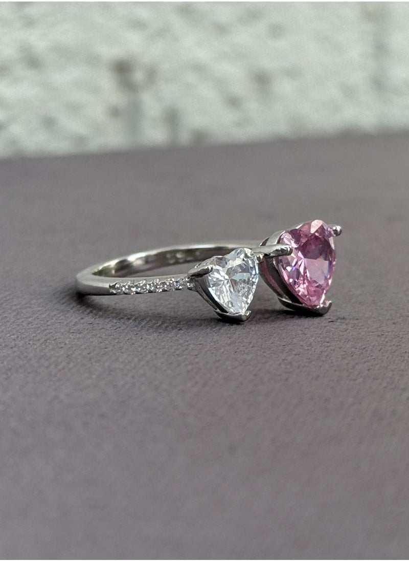Al Kasr Jewelry - Heart Duo Ring - Adjustable - Sterling Silver 925 with Pink and White Zircon Stones - Plated Rhodium White Gold 18K - Image 1
