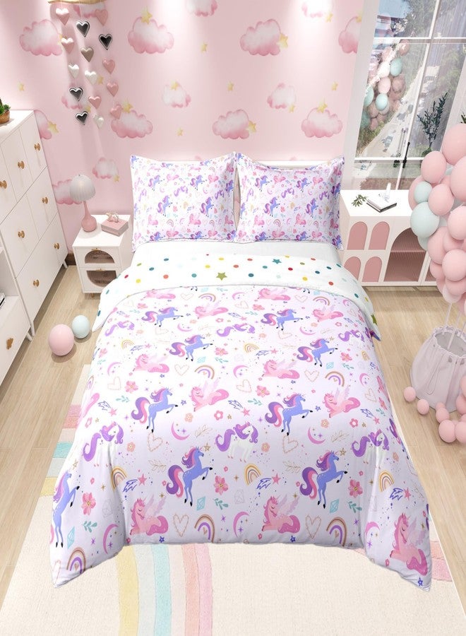 Castle Fairy 100% Nature Cotton Purple Unicorn Duvet Cover Twin,Dreamy Rainbow Pink Flowers Super Soft Bedding Set,Girls Room Decor Moon Star Love Hearts Comforter Cover Bedding 2 Piece (No Comforter) - Image 1
