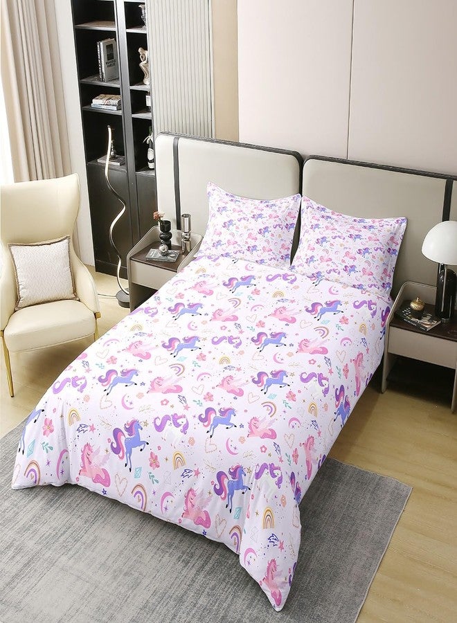 Castle Fairy 100% Nature Cotton Purple Unicorn Duvet Cover Twin,Dreamy Rainbow Pink Flowers Super Soft Bedding Set,Girls Room Decor Moon Star Love Hearts Comforter Cover Bedding 2 Piece (No Comforter) - Image 3