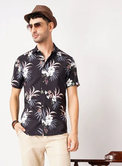The Indian Garage Co Men Slim Fit Floral Printed Half Sleeves Spread Collar Resort Wear Shirt