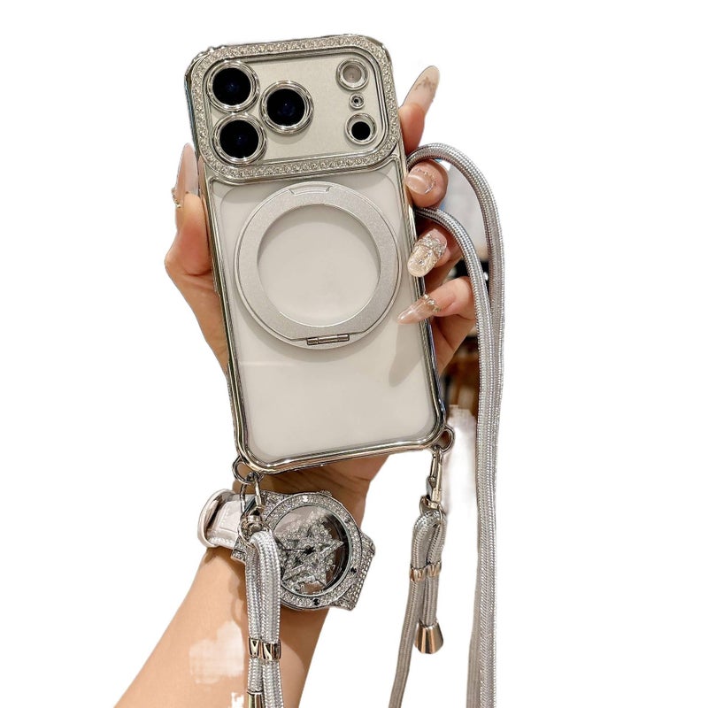 Acrylic MagSafe Case for iPhone 13 with Strong Magnetic and Rotating Kickstand plus Lanyard plus Rhinestone in Clear - Image 1
