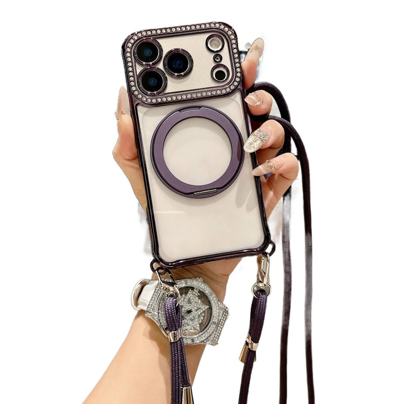 Acrylic MagSafe Case for iPhone 13 with Strong Magnetic and Rotating Kickstand plus Lanyard plus Rhinestone in Clear - Image 2
