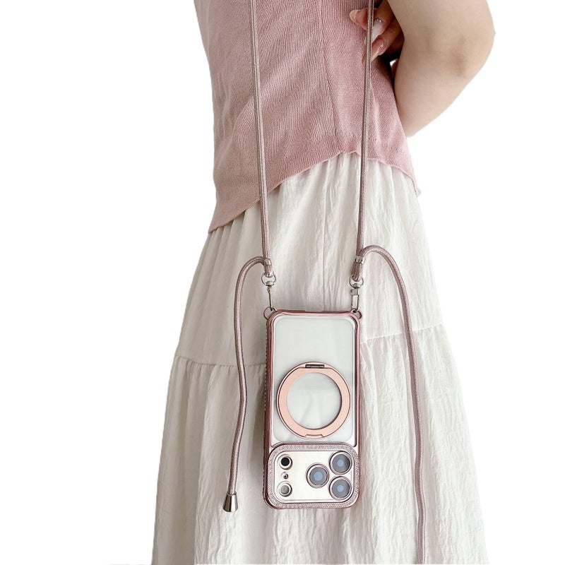 Acrylic MagSafe Case for iPhone 13 with Strong Magnetic and Rotating Kickstand plus Lanyard plus Rhinestone in Clear - Image 4