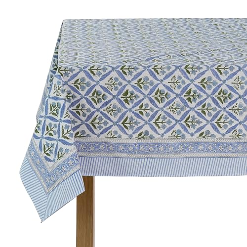 Ridhi Light Steel Blue Hand Block Print Cotton Rectangle Tablecloth 90 x 60 inch-Reusable Table Cover Decorative Everyday Use for Dining Room, Farmhouse, Thanksgiving, Christmas Wedding, Fall - Image 1