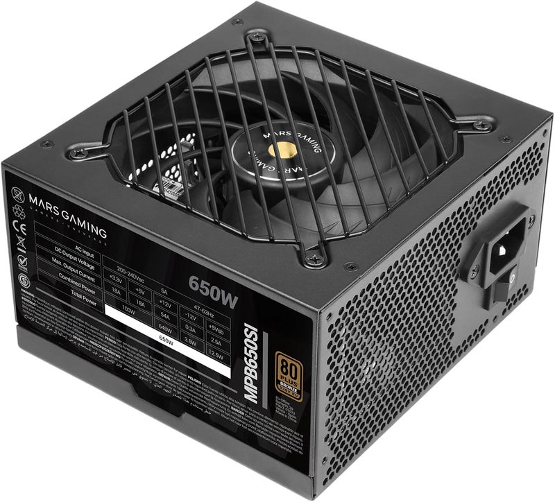 مارس_جيمنج مصدر طاقة MPB650SI، من نوع ATX، بقدرة 650 واط، يأتي مع ضمان لمدة 7 سنوات، ويتمتع بتصنيف 80Plus Bronze وجهد كهربائي 230 فولت، كفاءة تصل إلى 90٪، مروحة من نوع SI Extreme Silence ذات نواة نحاسية، تقنيات AI2-RPM، DC-DC وSMD، باللون الأسود. - Image 1