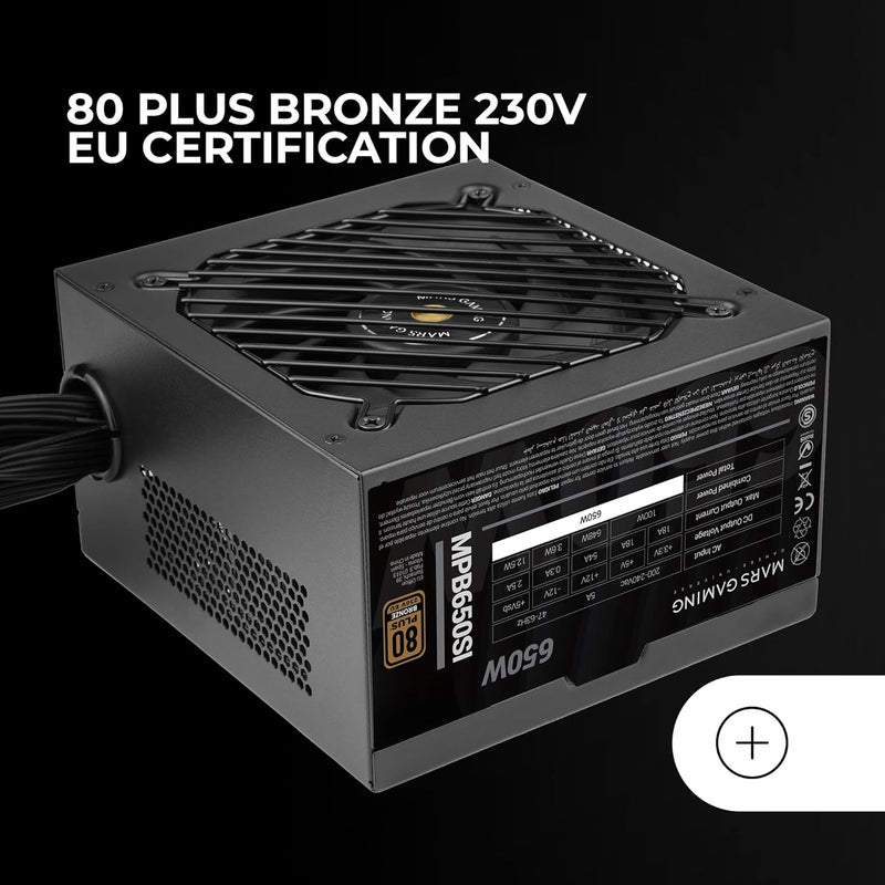 مارس_جيمنج مصدر طاقة MPB650SI، من نوع ATX، بقدرة 650 واط، يأتي مع ضمان لمدة 7 سنوات، ويتمتع بتصنيف 80Plus Bronze وجهد كهربائي 230 فولت، كفاءة تصل إلى 90٪، مروحة من نوع SI Extreme Silence ذات نواة نحاسية، تقنيات AI2-RPM، DC-DC وSMD، باللون الأسود. - Image 5