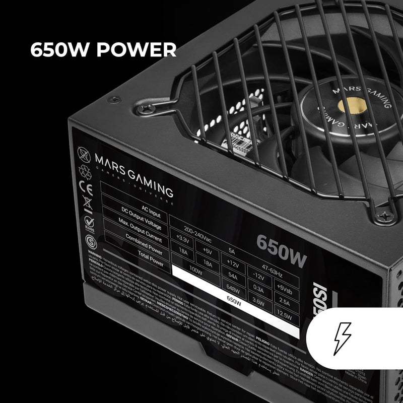 مارس_جيمنج مصدر طاقة MPB650SI، من نوع ATX، بقدرة 650 واط، يأتي مع ضمان لمدة 7 سنوات، ويتمتع بتصنيف 80Plus Bronze وجهد كهربائي 230 فولت، كفاءة تصل إلى 90٪، مروحة من نوع SI Extreme Silence ذات نواة نحاسية، تقنيات AI2-RPM، DC-DC وSMD، باللون الأسود. - Image 4