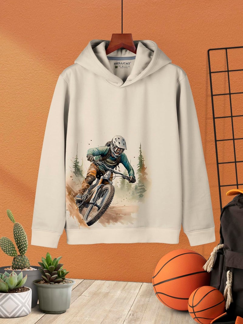 HELLCAT Trendy Printed Cotton Blend Regular Fit Hoodie Sweatshirt for Boys_Beige_13-14 Years - Image 2
