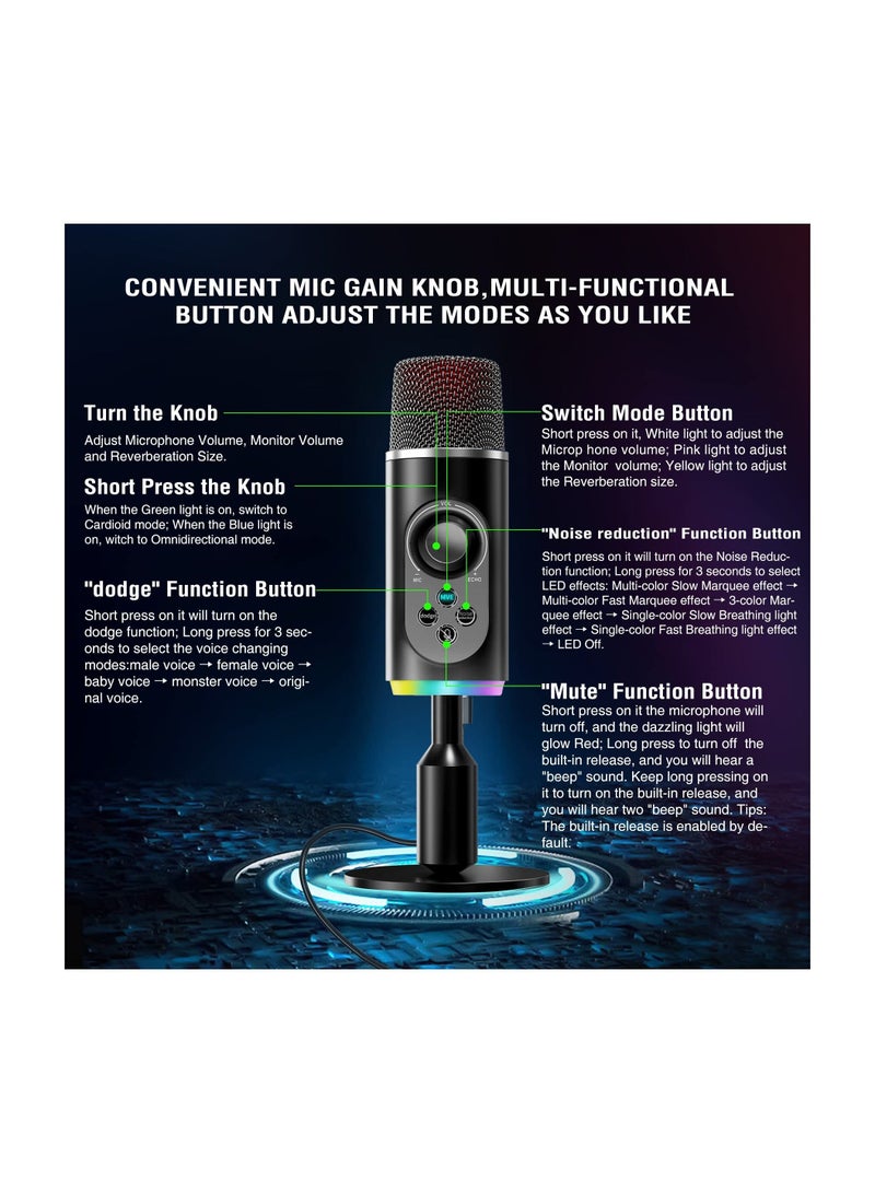 SYOSI USB Microphone, PC Gaming Microphone C Condenser with RGB Light Headphone Jack Mute on for Live Streaming Podcast Video Meeting Have Noise canceling and superior sound pick - Image 4
