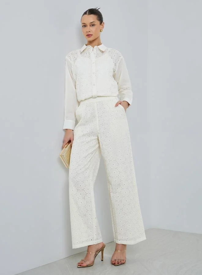 Styli Women Off-White Embroidered Wide Leg Trousers