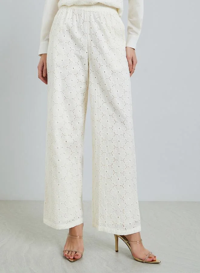 Styli Women Off-White Embroidered Wide Leg Trousers