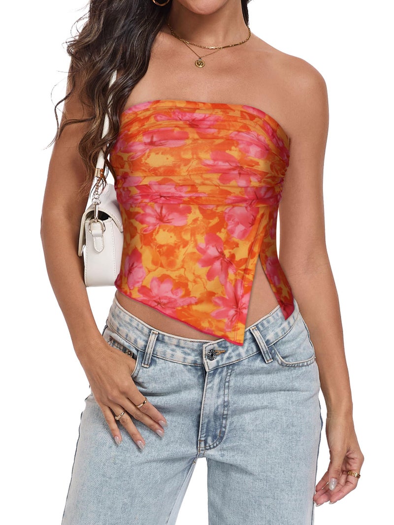 CHICGAL Tube Top Strapless Mesh Floral Crop Tops Asymmetrical Hem Ruched Bandeau Going Out Summer Sleeveless Shirts(Orange Pink Floral Print,S) - Image 4