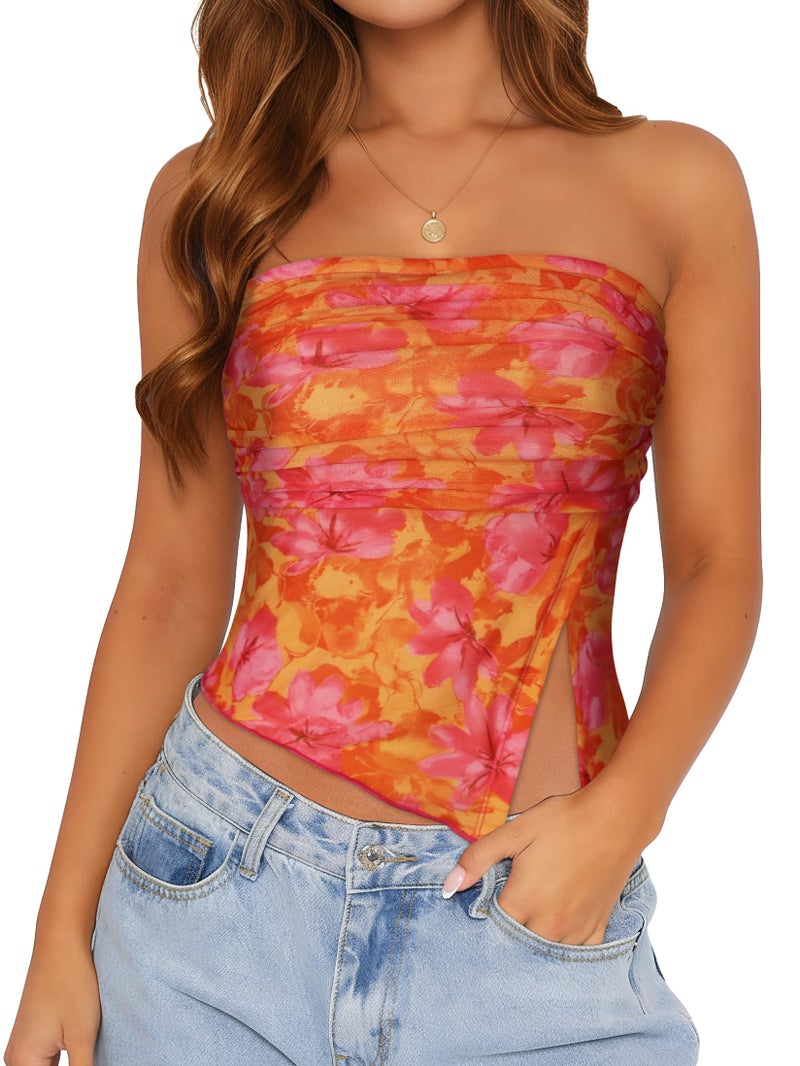CHICGAL Tube Top Strapless Mesh Floral Crop Tops Asymmetrical Hem Ruched Bandeau Going Out Summer Sleeveless Shirts(Orange Pink Floral Print,S) - Image 1