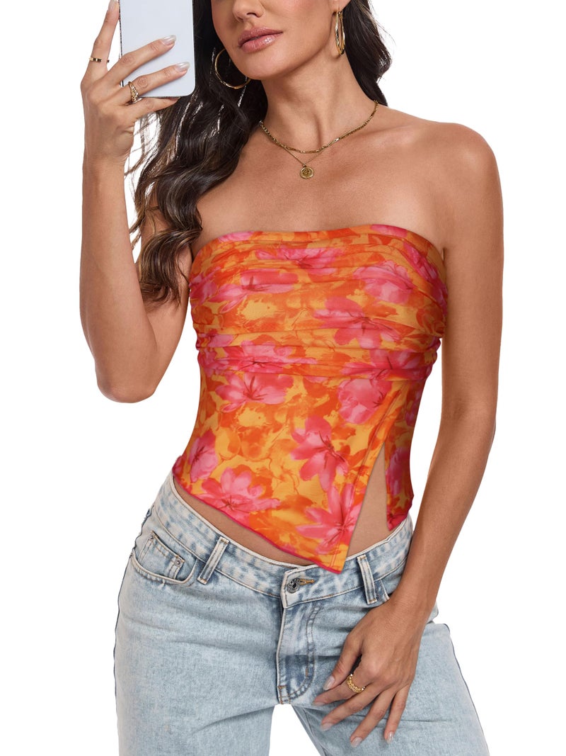 CHICGAL Tube Top Strapless Mesh Floral Crop Tops Asymmetrical Hem Ruched Bandeau Going Out Summer Sleeveless Shirts(Orange Pink Floral Print,S) - Image 3