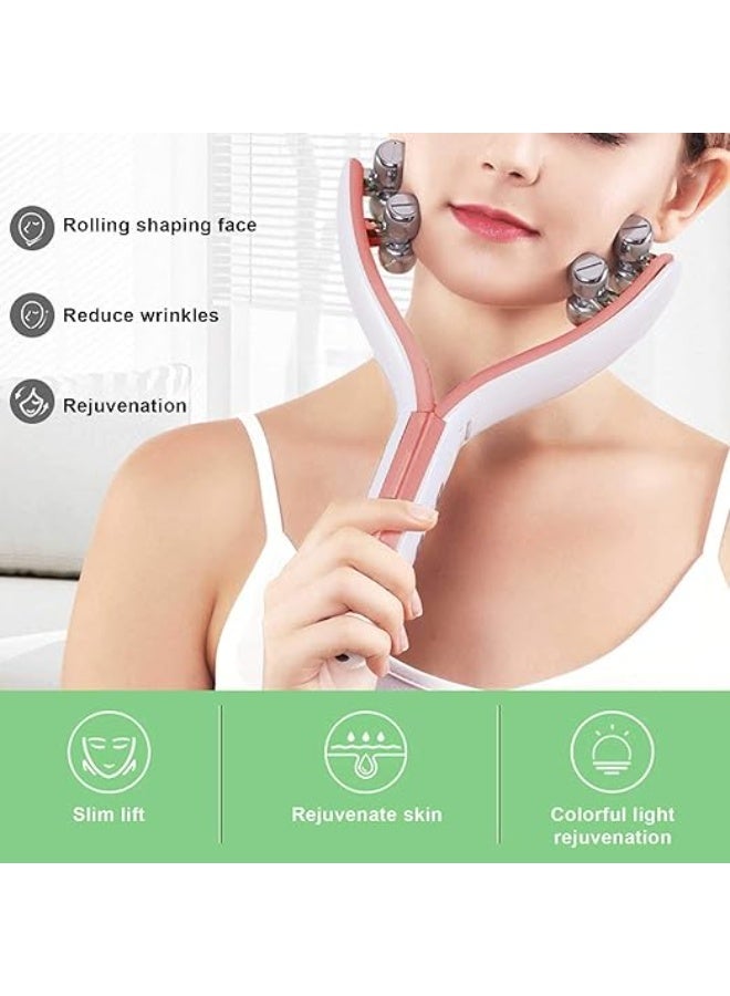 Facial massager, radio frequency full-body slimming device, EMS Y-shaped V-face roller lifting tool for facial lifting, anti-wrinkle and firming skin (pink-white). - Image 2