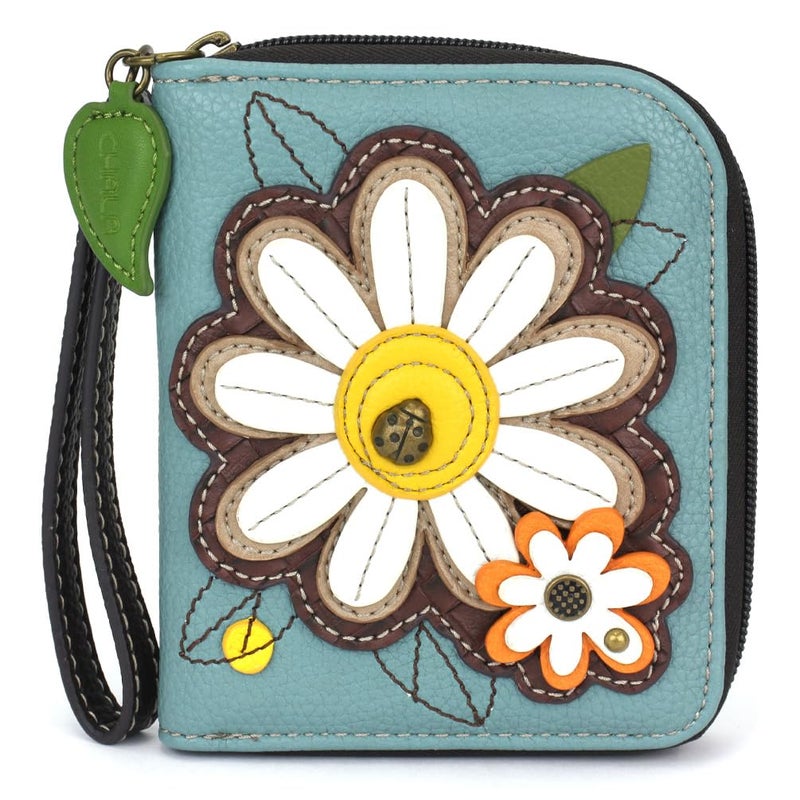CHALA Zip Around Wallet Wristlet 8 Credit Card Slots Sturdy Pu Leather Daisy blue - Image 2