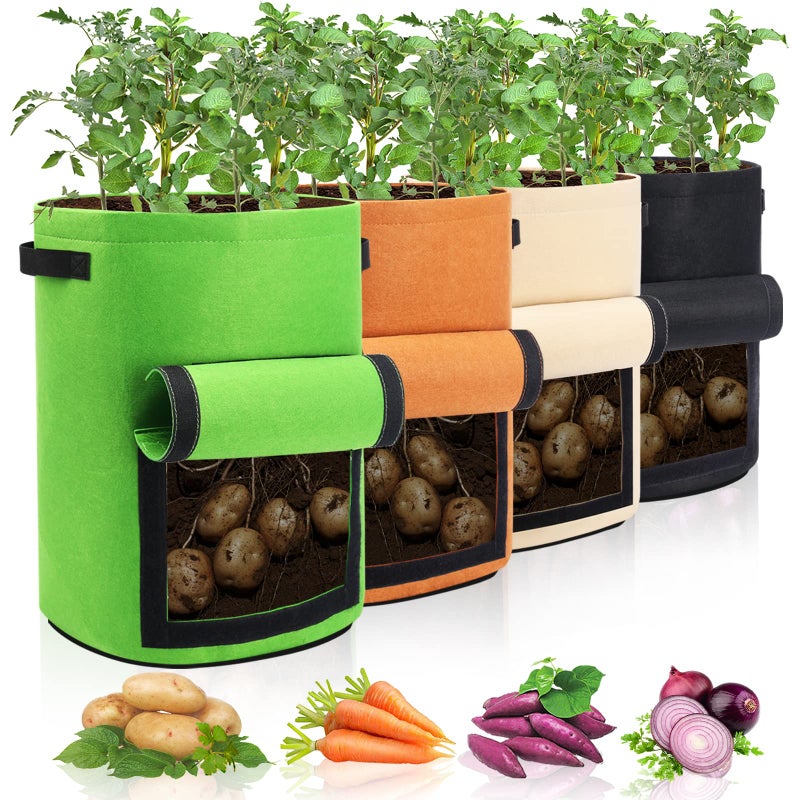 Homyhoo 4 Pack Potato Growing Bag with Flap 10 Gallon Planter Pots with Handles and Harvest Window for Potato Tomato and Vegetables, Black Green Orange and Beige - Image 1