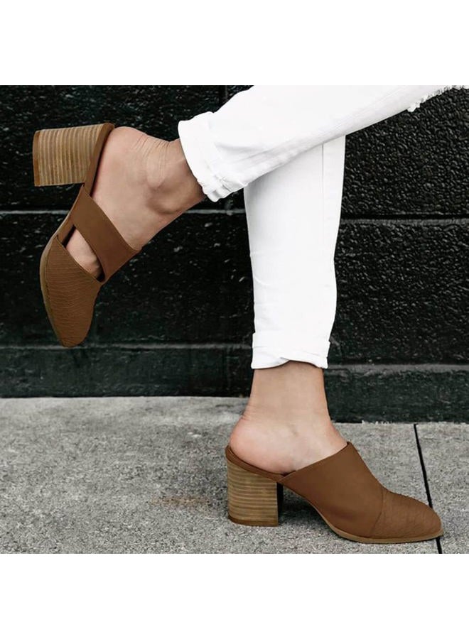 Syktkmx Womens Cutout Backless Chunky Stacked Mules Slip On Closed Toe Scale Heeled Sandal Shoes Brown - Image 3