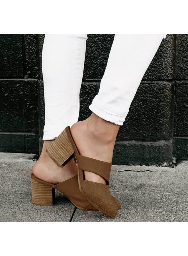 Syktkmx Womens Cutout Backless Chunky Stacked Mules Slip On Closed Toe Scale Heeled Sandal Shoes Brown - Image 2
