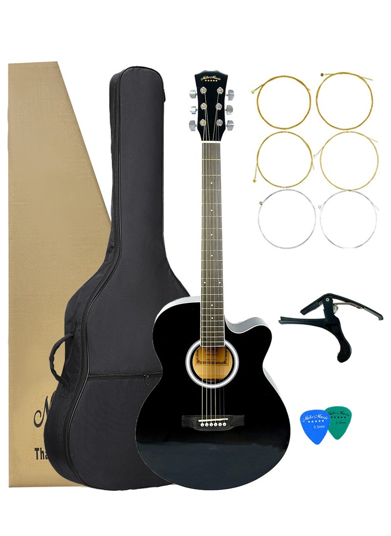 Mike Music 40 inch Acoustic Guitar Full Size Guitar All Wood Beginner Cutaway Guitars Starter Kit for Teens Adults with Free Thick Gig Bag, Strings, Capo, Picks-Glossy Black Guitar  - Image 1