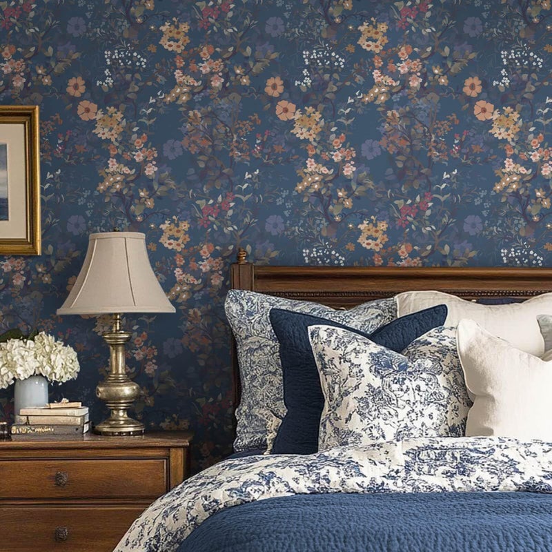 Ismoon Vintage Floral Peel and Stick Wallpaper Blue Contact Paper Boho Wall Paper Dark Navy Flower Removable Self Adhesive Vinyl Wallpaper for Cabinets Shelves Bedroom Wall Decor 17.3x78.7in - Image 3
