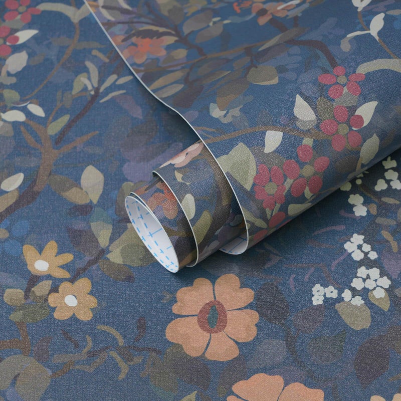 Ismoon Vintage Floral Peel and Stick Wallpaper Blue Contact Paper Boho Wall Paper Dark Navy Flower Removable Self Adhesive Vinyl Wallpaper for Cabinets Shelves Bedroom Wall Decor 17.3x78.7in - Image 1