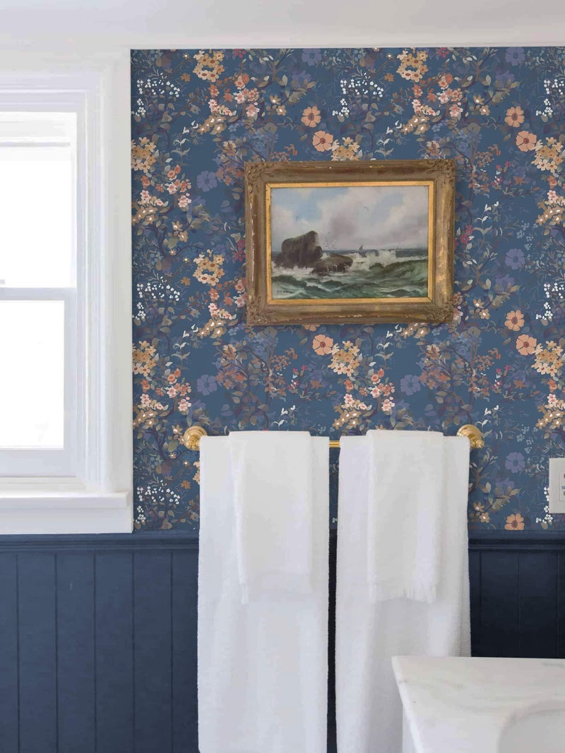 Ismoon Vintage Floral Peel and Stick Wallpaper Blue Contact Paper Boho Wall Paper Dark Navy Flower Removable Self Adhesive Vinyl Wallpaper for Cabinets Shelves Bedroom Wall Decor 17.3x78.7in - Image 5